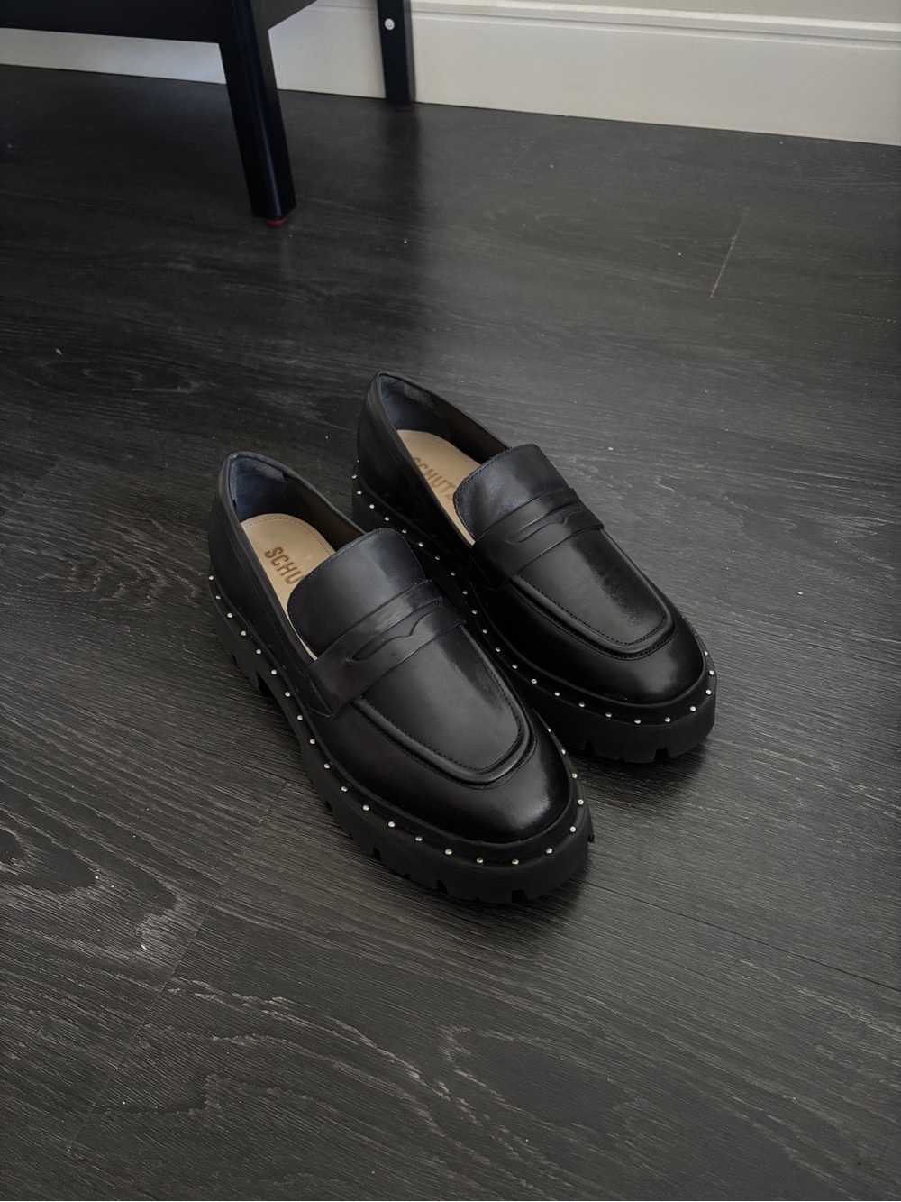 SCHUTZ Black Stud-Trim Lug Penny Loafers